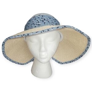Nwt Tahari Packable Sun Hat Paper Blend Blue and Tan OSFM Coastal Grandma Beach